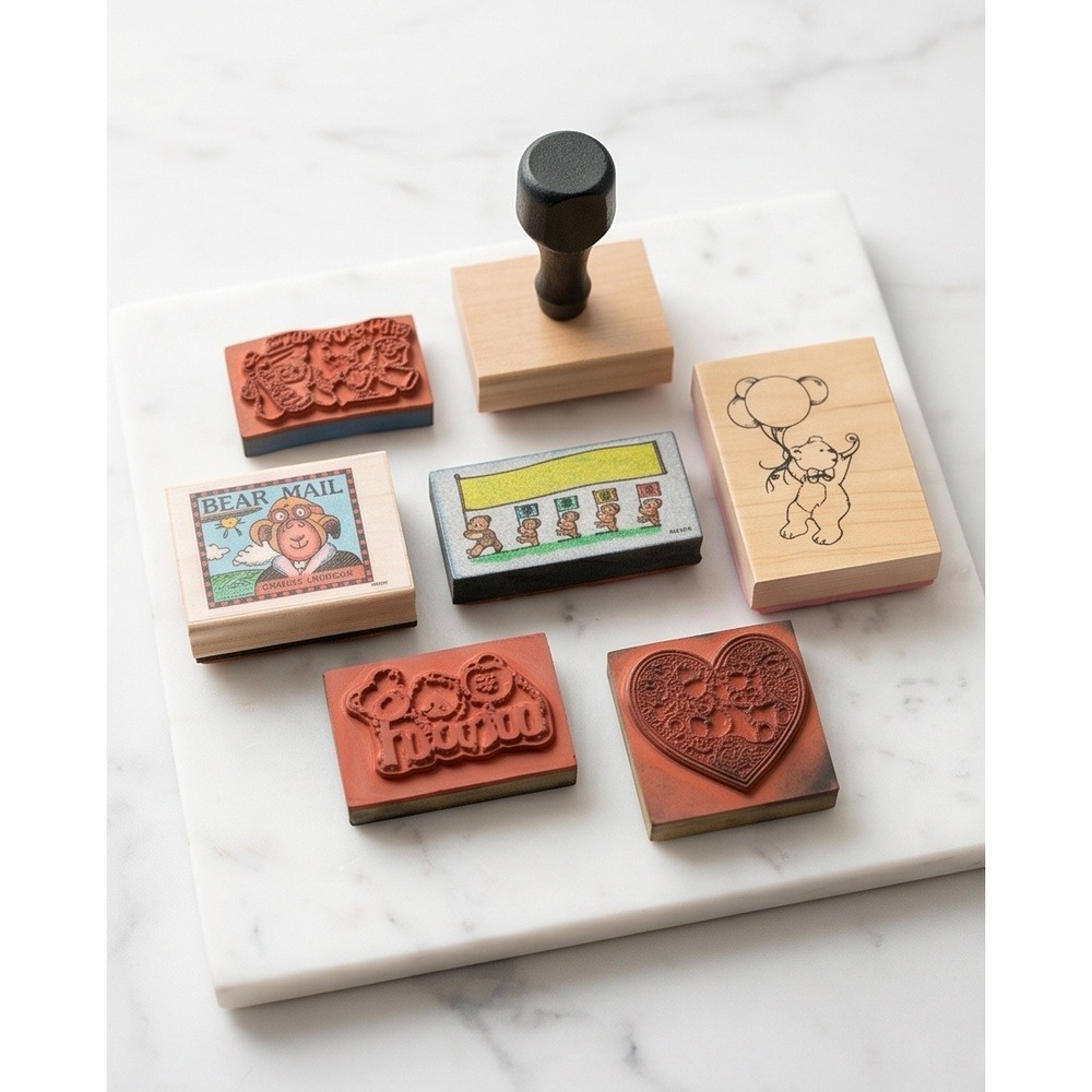 Vintage Teddy Bear Rubber Stamps Lot of 7 Charles Lindbear Heart Mount Unmount